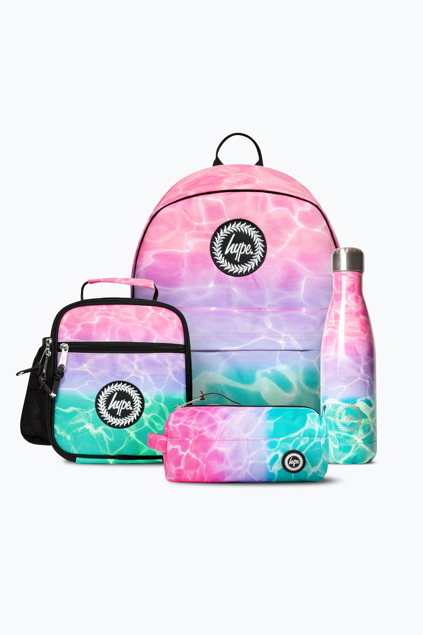 Hype Girls Pink/Turquoise Pastel Pool Backpack, Lunch Bag, Pencil Case & Bottle Bundle