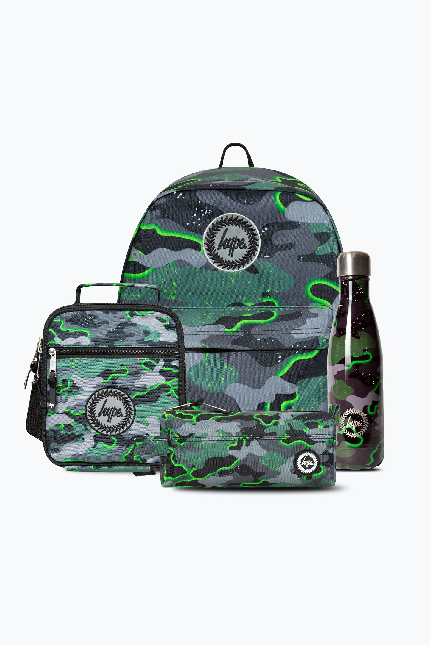 Hype Boys Green Glow Camo Backpack, Lunchbag, Pencil Case & Bottle Bundle