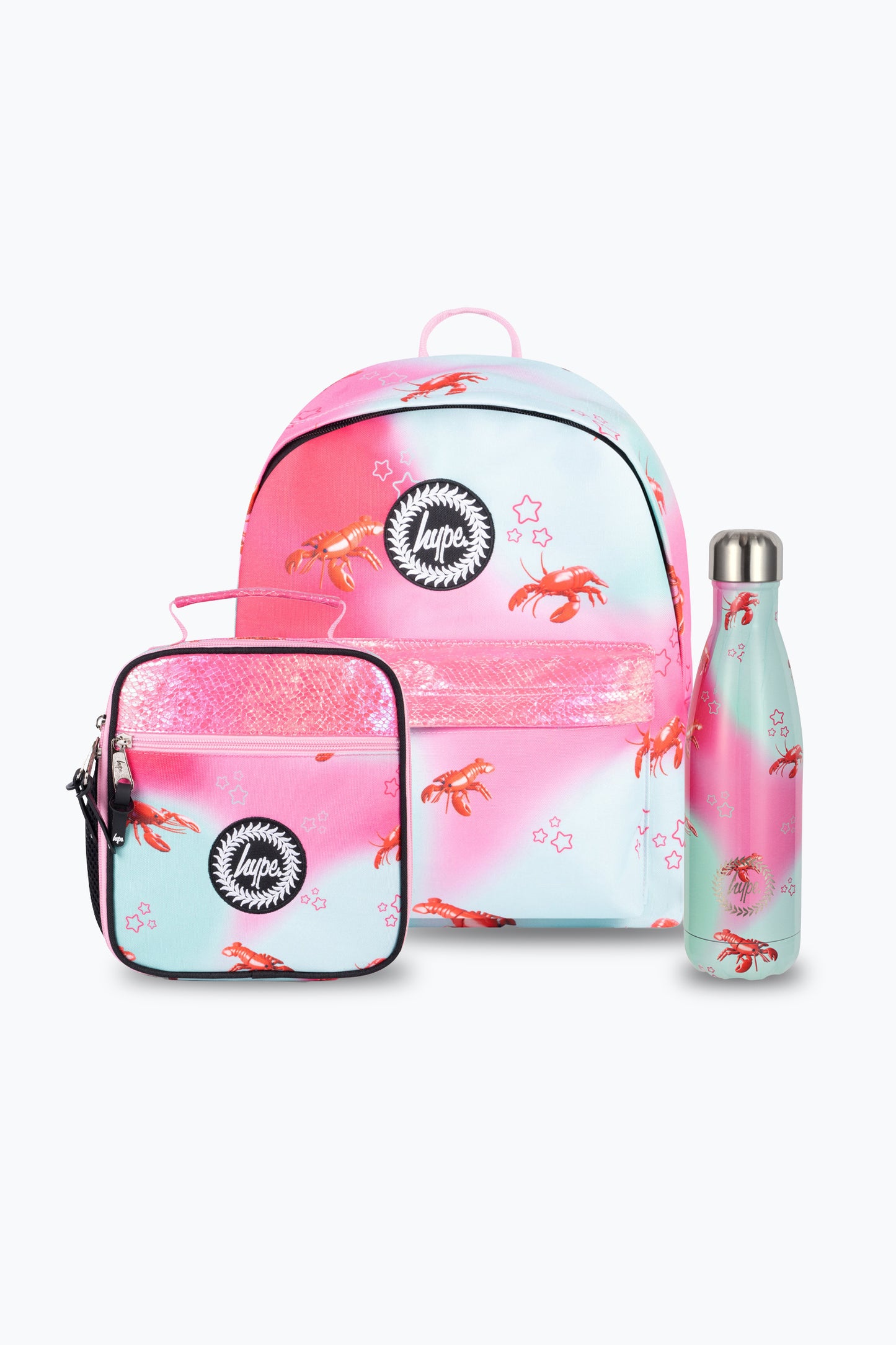 Hype Unisex Pink/Mint Green Disco Lobster Iconic Backpack, Lunch Bag & Bottle Bundle