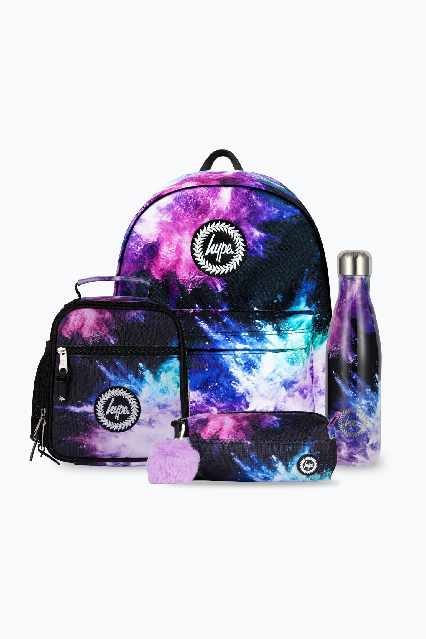 Hype Unisex Black/Purple/Teal Chalk Dust Backpack, Lunch Bag, Bottle & Pencil Case Bundle