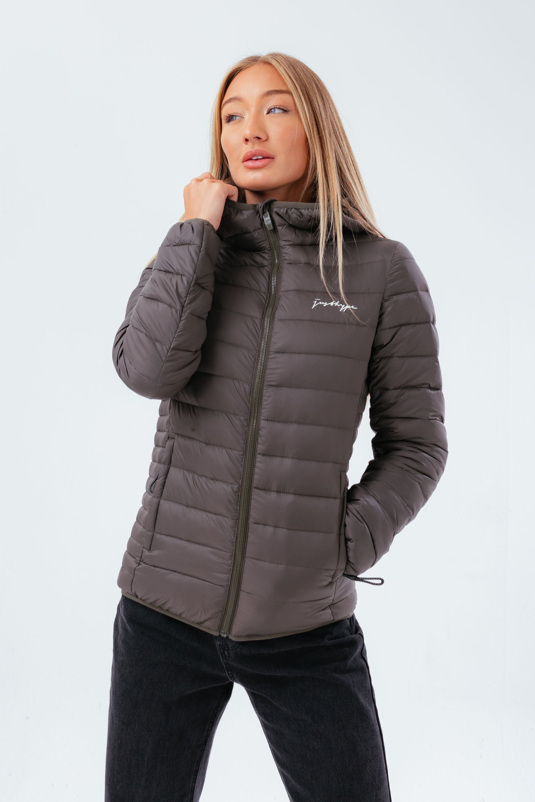 khaki lightweight puffer jacket