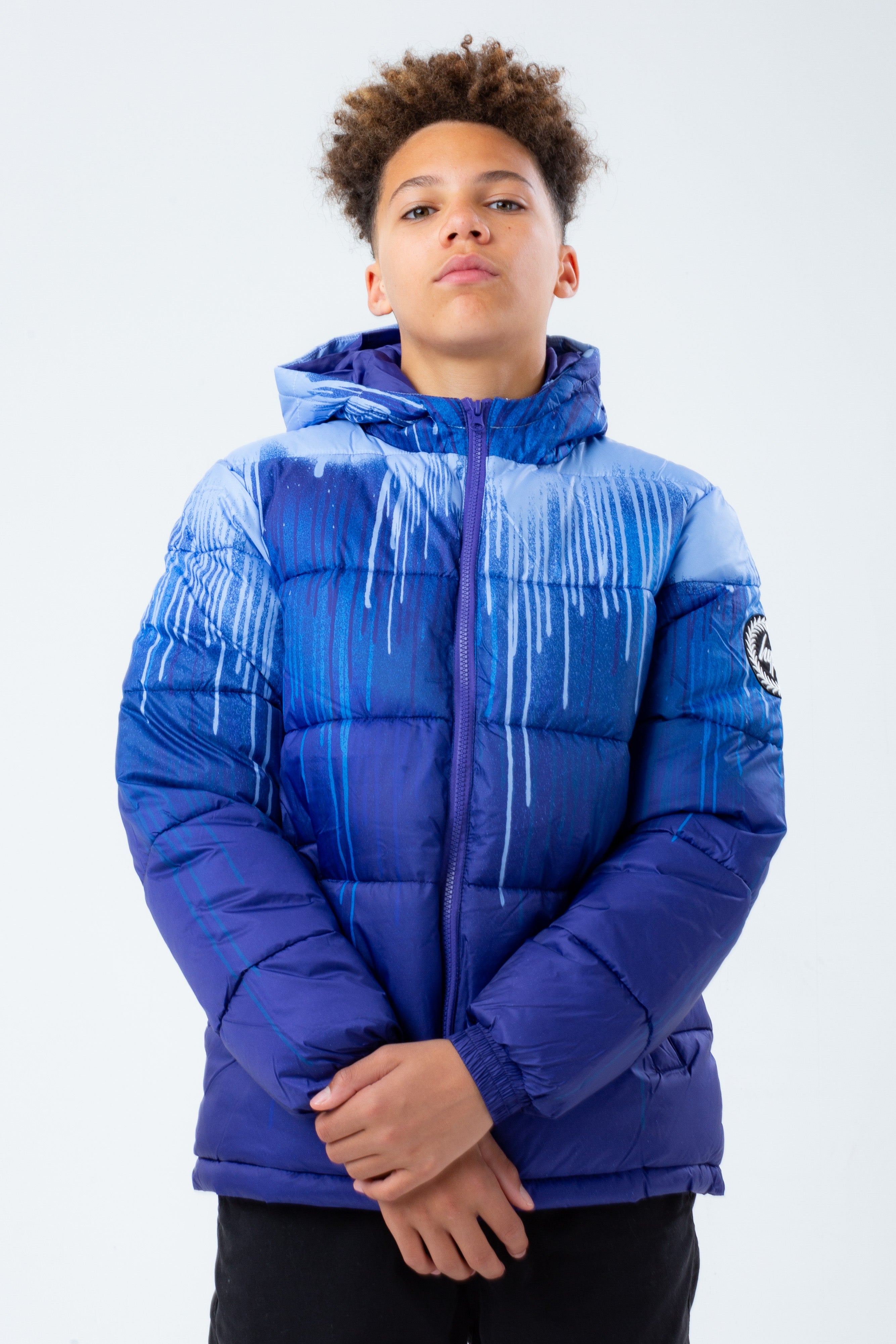 Blue puffer jacket with 2025 fur hood