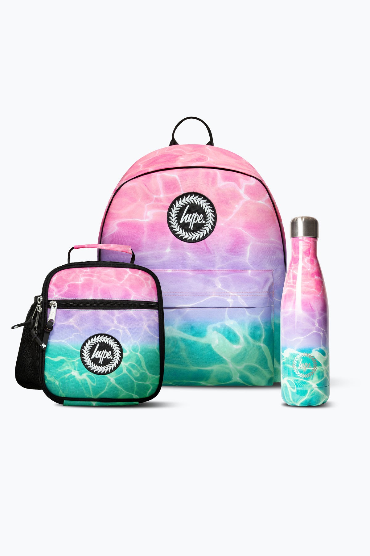 Hype Girls Pink/Turquoise Pastel Pool Backpack, Lunch Bag & Bottle Bundle
