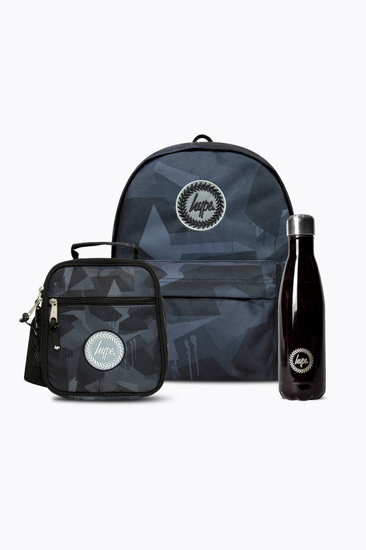 HYPE UNISEX BLACK GEO CAMO BACKPACK, LUNCH BAG & BOTTLE BUNDLE