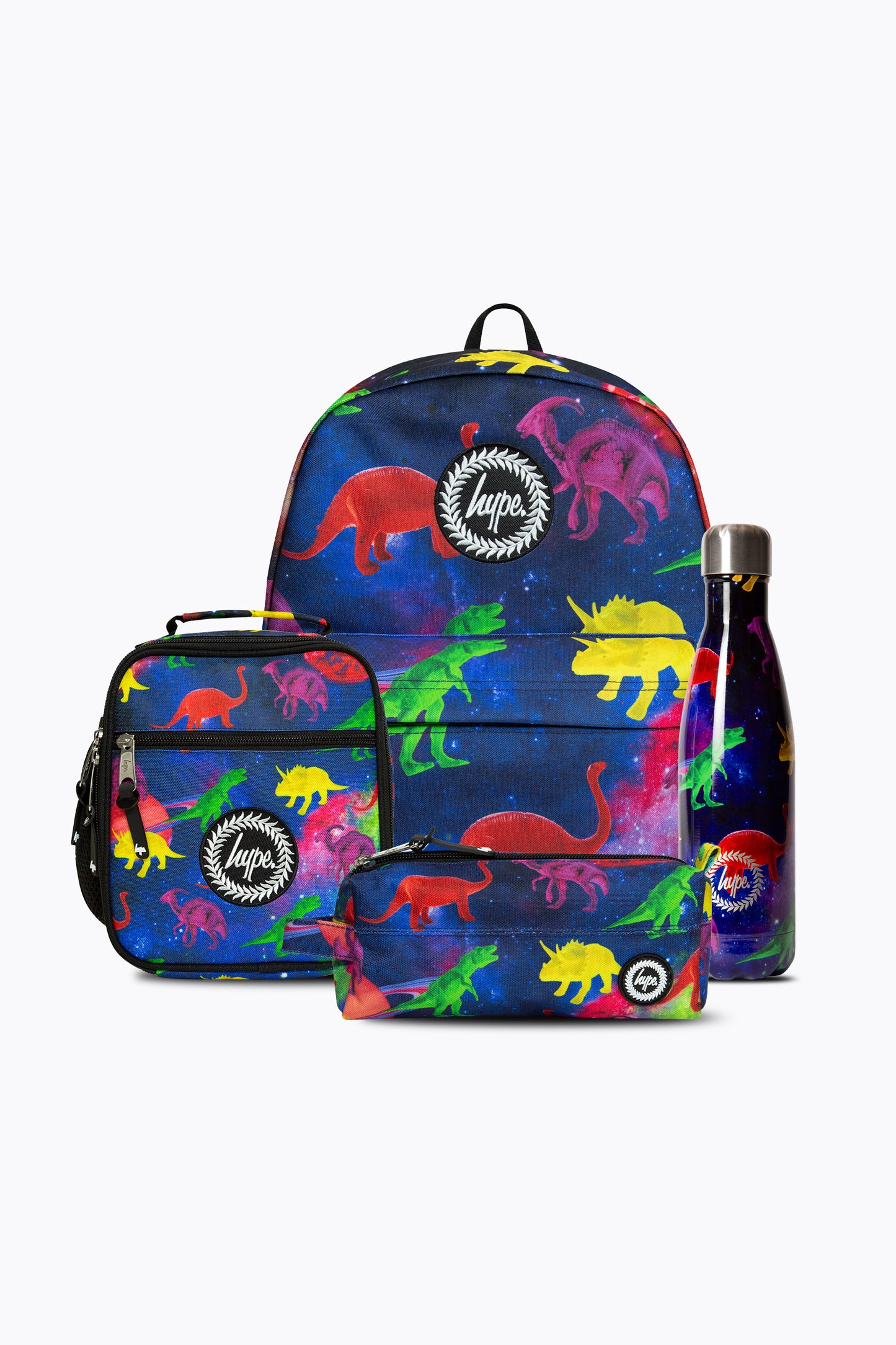 Hype Unisex Multicoloured Space Dinosaurs Backpack, Lunch Bag, Pencil Case & Bottle Bundle