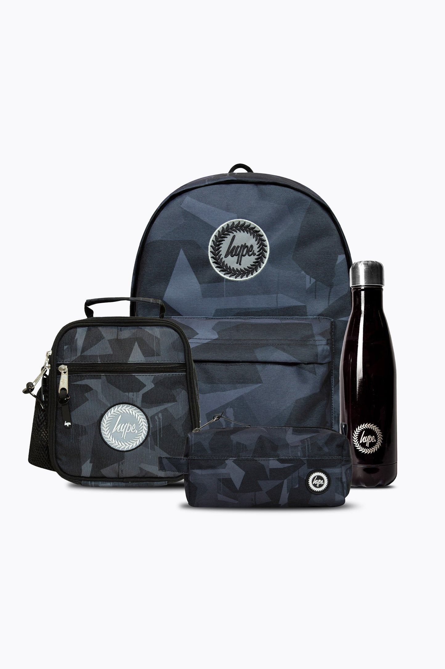 Hype Unisex Black Geo Camo Backpack, Lunchbag, Pencil Case & Bottle Bundle