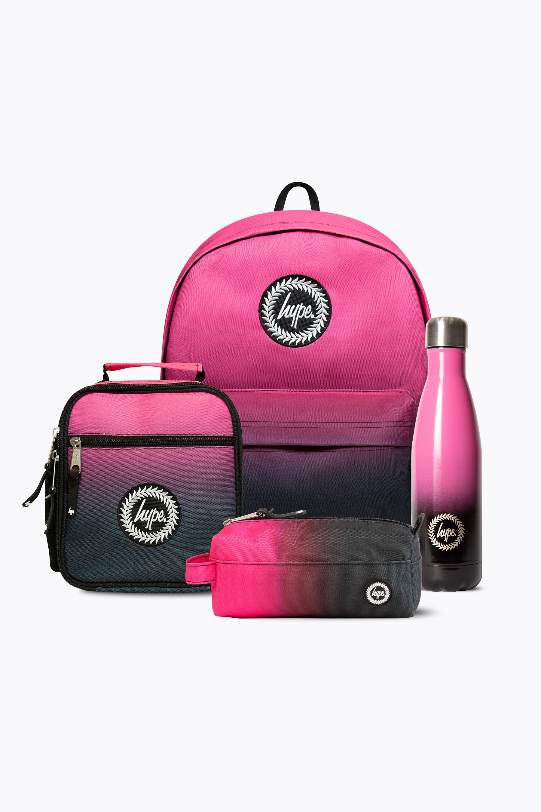 Black Pink Fade Backpack Lunchbag Pencil Case & Bottle Bundle