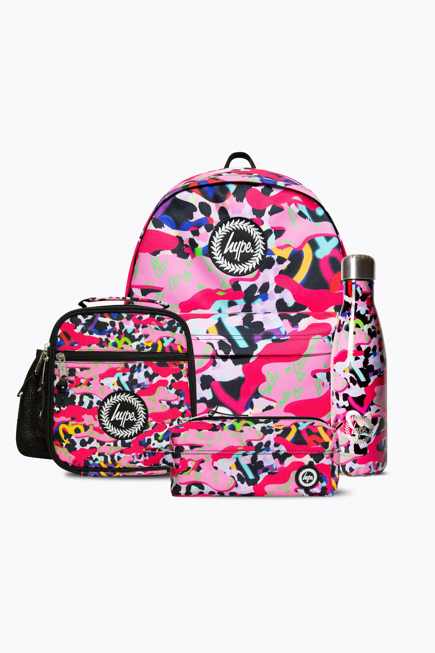 Hype Girls Pink Patterns Backpack, Lunchbag, Pencil Case & Bottle Bundle