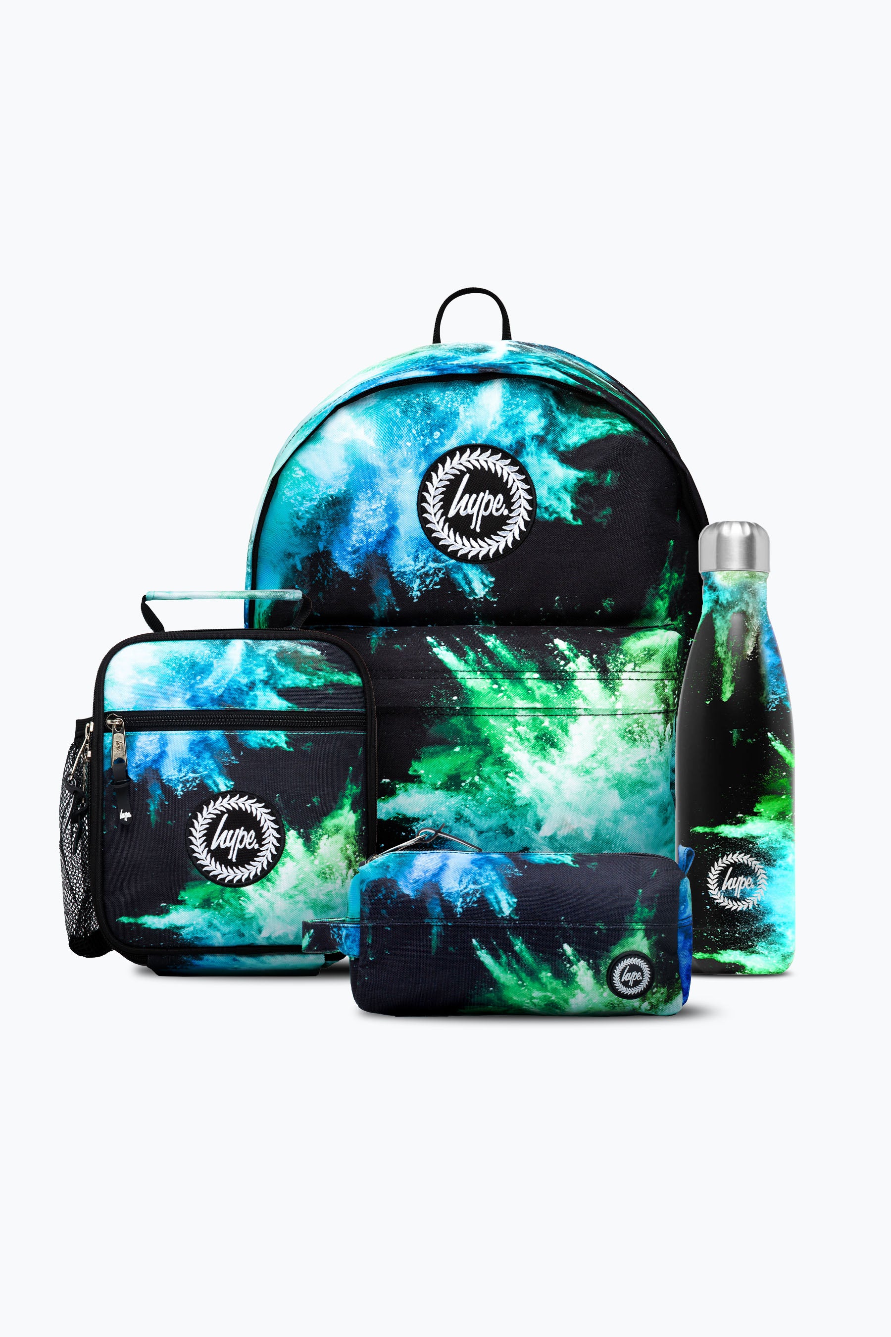 Blue Green Chalk Dust Backpack Lunchbag Pencil Case & Bottle Bundle