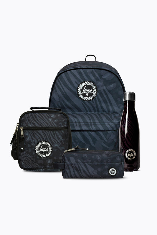 HYPE GIRLS BLACK ANIMAL PRINT BACKPACK, LUNCHBAG, PENCIL CASE & BOTTLE BUNDLE