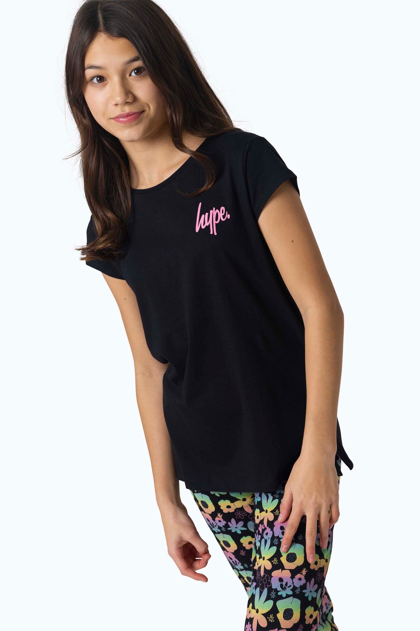 1Pack Girls Hype Cap Sleeve Slouchy Tee & Cuff Leg Floral Pj Set Black