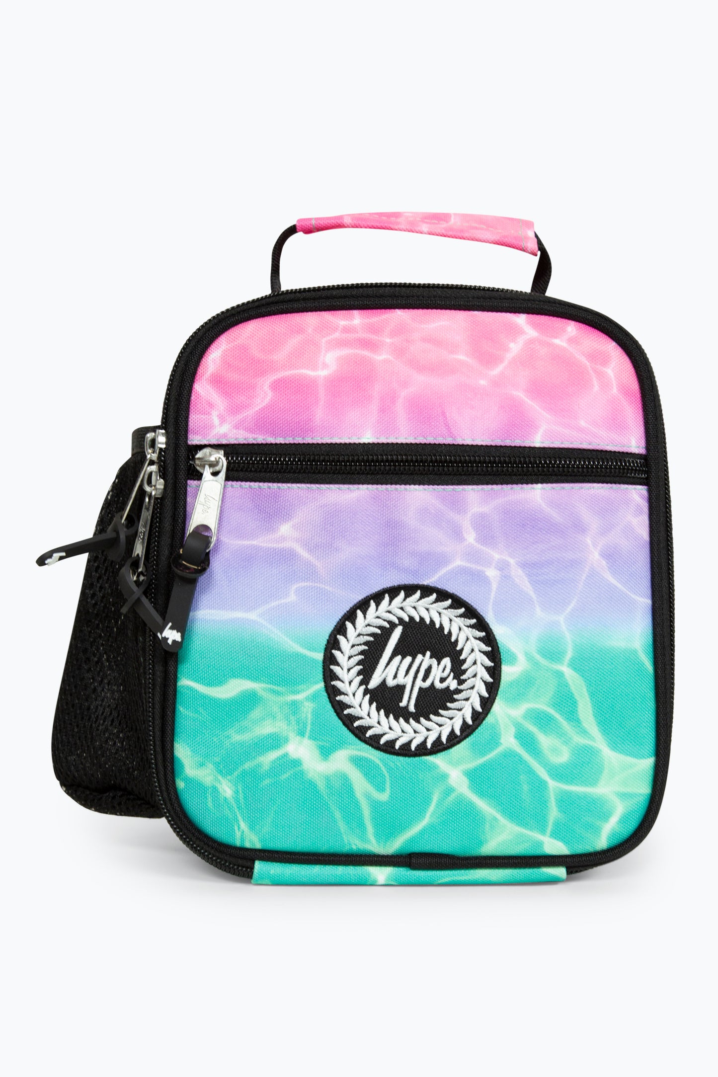 Hype Pink and Turquoise Pastel Pool Girls Lunch Bag Front Side