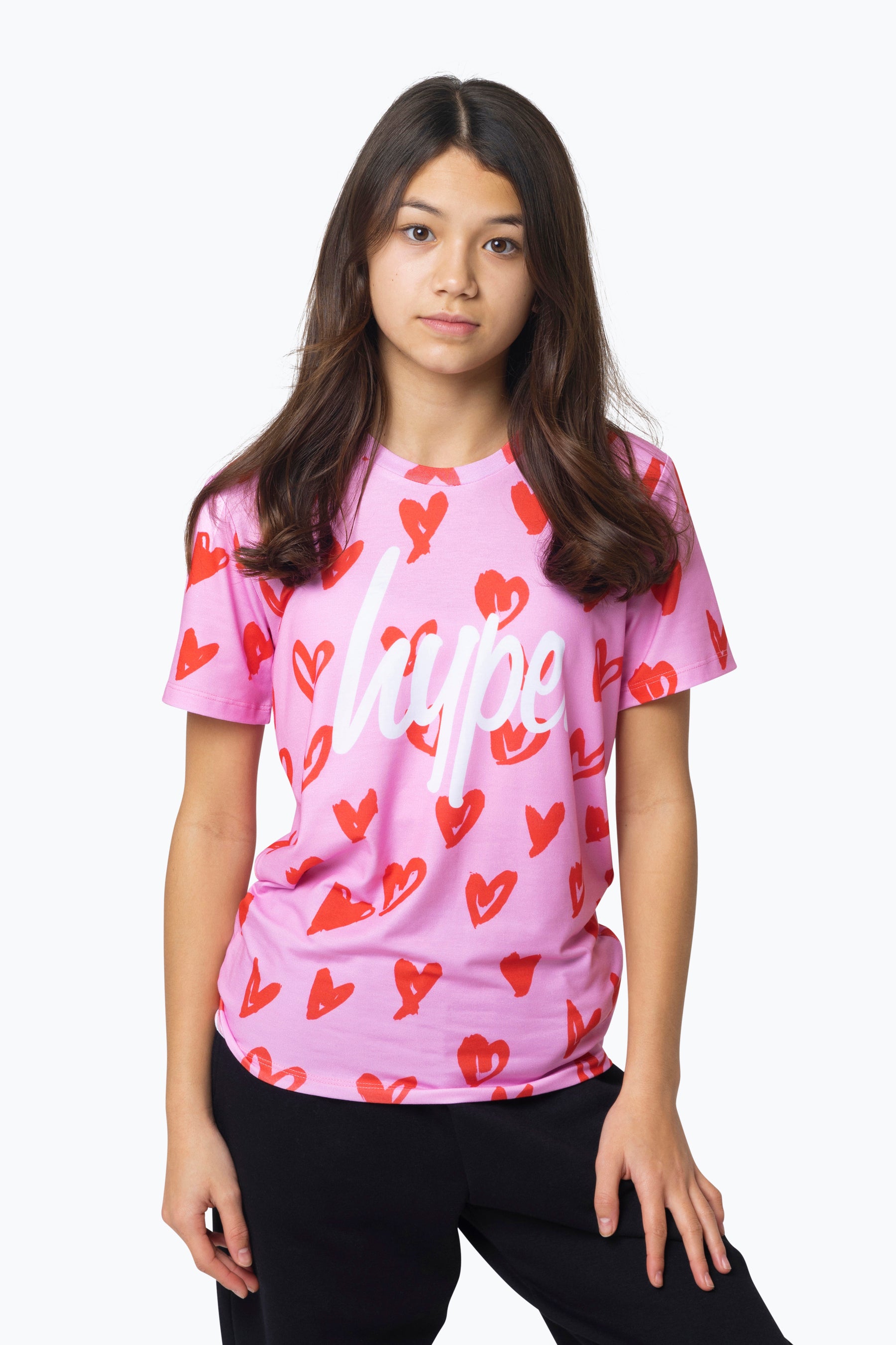 Hype Girls Multi Scribble Hearts Pink T Shirt Hype