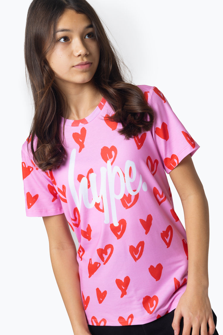 HYPE GIRLS MULTI SCRIBBLE HEARTS PINK T-SHIRT