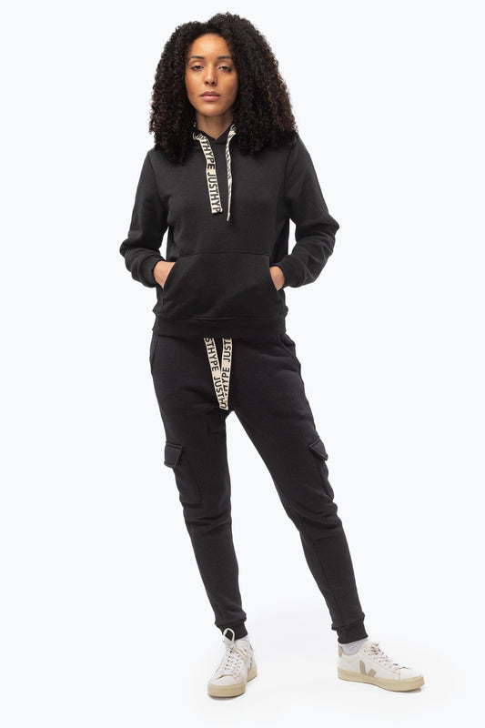 JUSTHYPE WOMENS BLACK BRANDED DRAWCORD CARGO JOGGERS