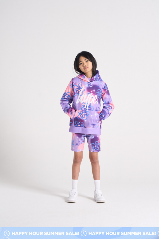 Hype Girls Purple Sparkle Flower Hoodie & Cycling Shorts Set