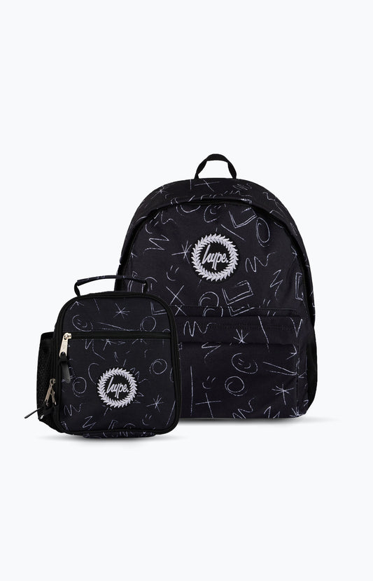 Hype Unisex Black Crayon Doodle Backpack & Lunch Bag Bundle