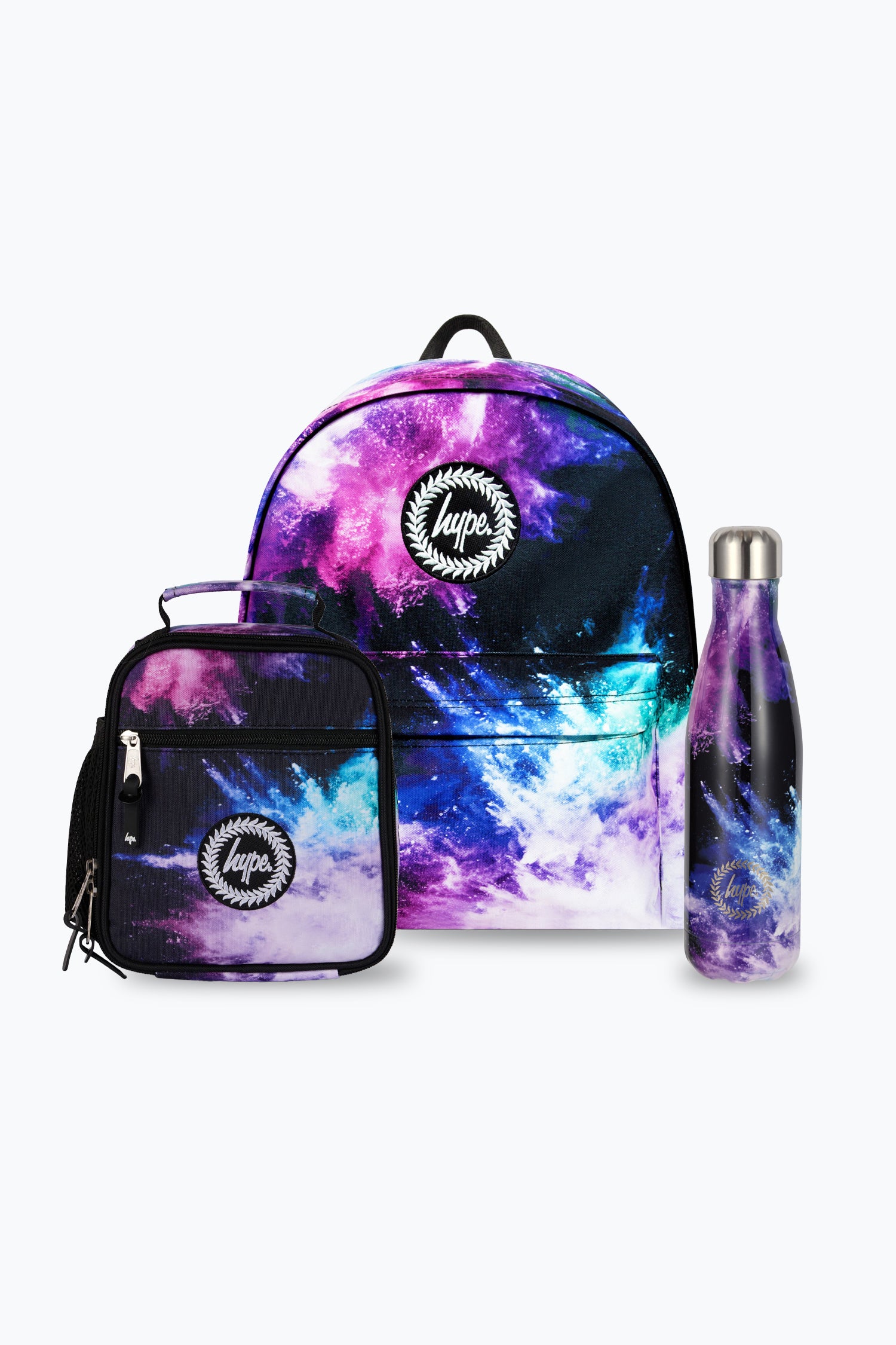 Black Purple Teal Chalk Dust Backpack Lunch Bag & Bottle Bundle