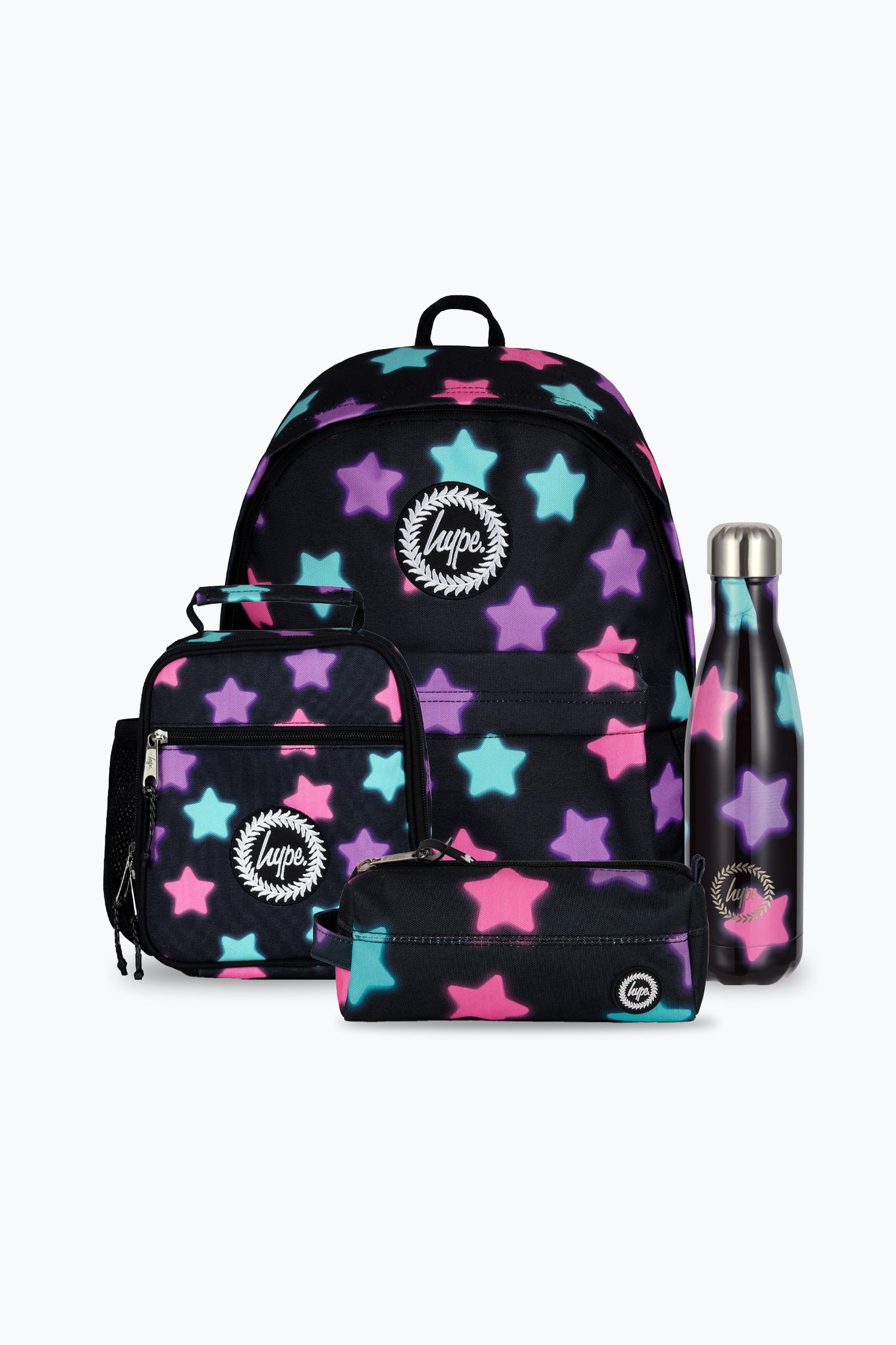 Hype Unisex Black Star Glow Backpack, Lunch Bag, Bottle & Pencil Case Bundle