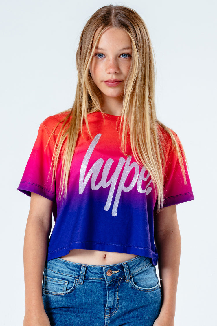 Hype Peach Fade Glitter Kids Crop T-Shirt