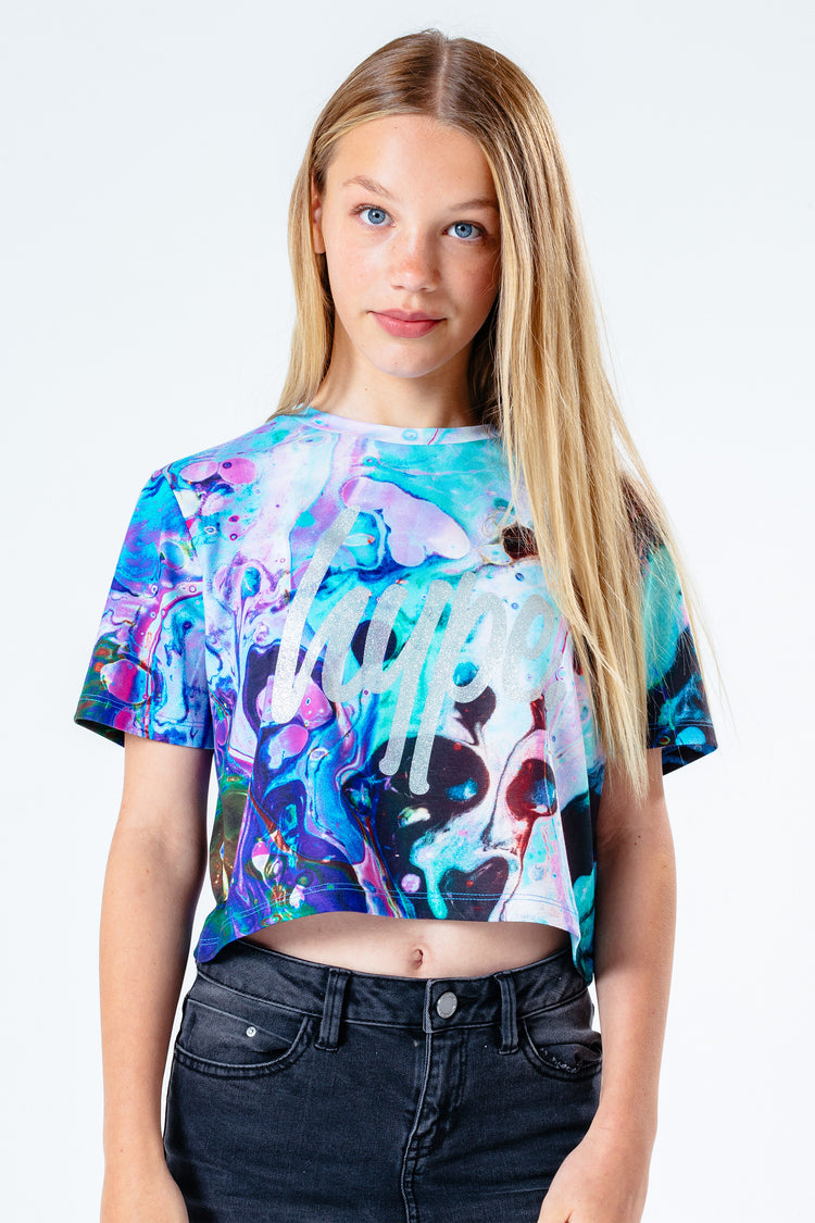 Hype Multi Watercolour Glitter Kids Crop T-Shirt