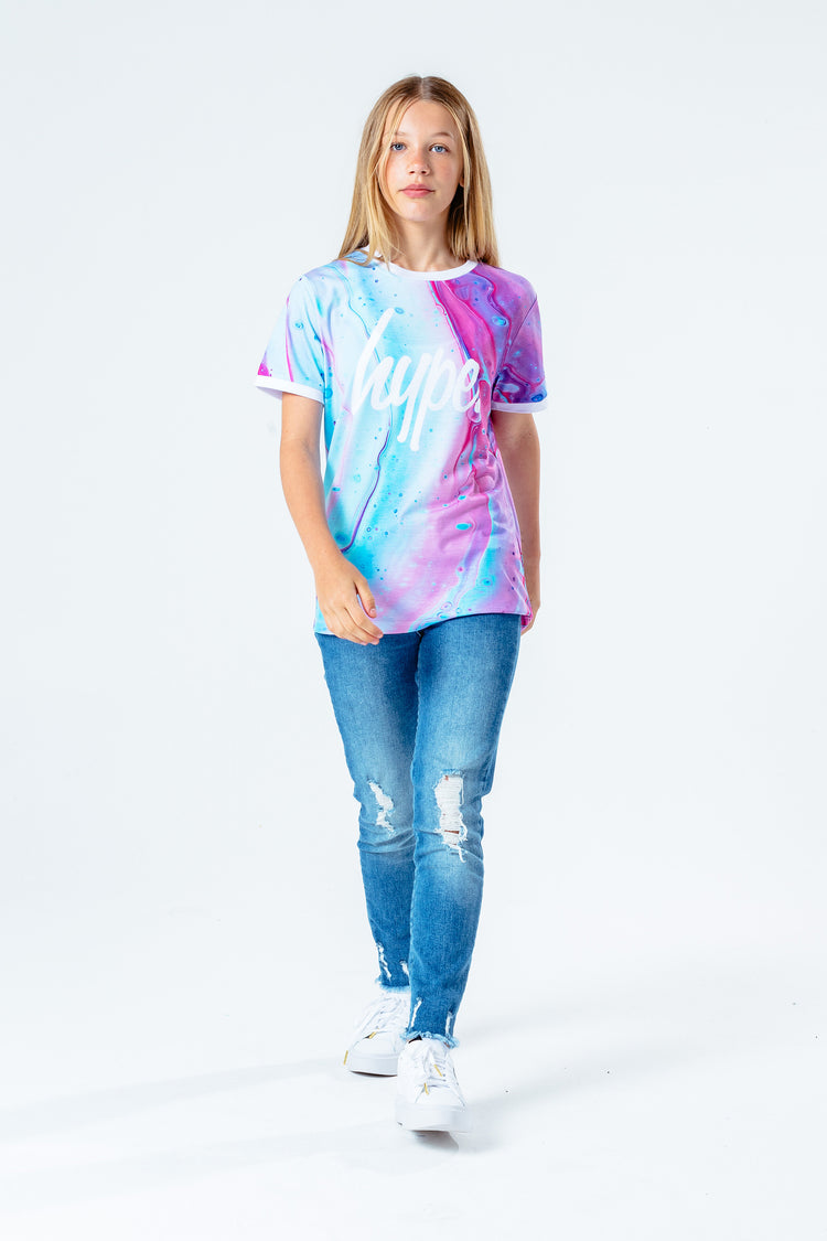 Hype Blue & Pink Marble Print Script Kids T-Shirt