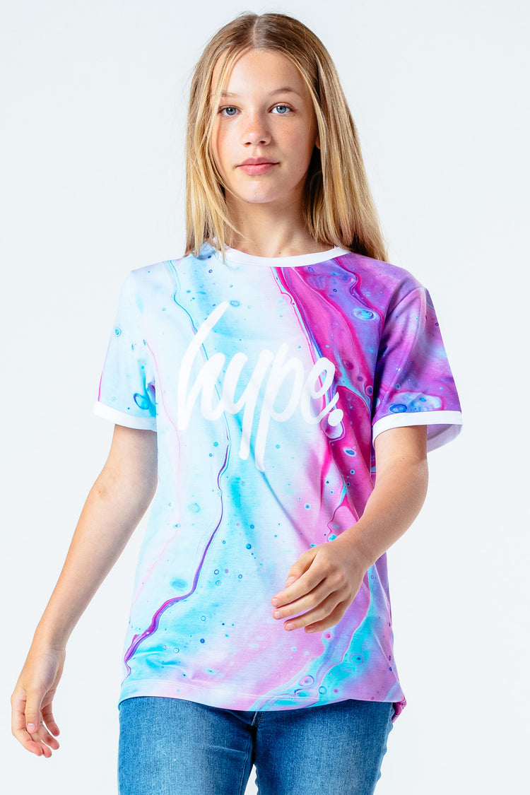 Hype Blue & Pink Marble Print Script Kids T-Shirt