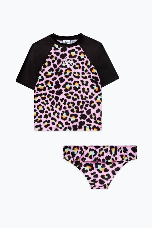 Hype Girls Disco Leopard Script Shorts Sleeve Tankini