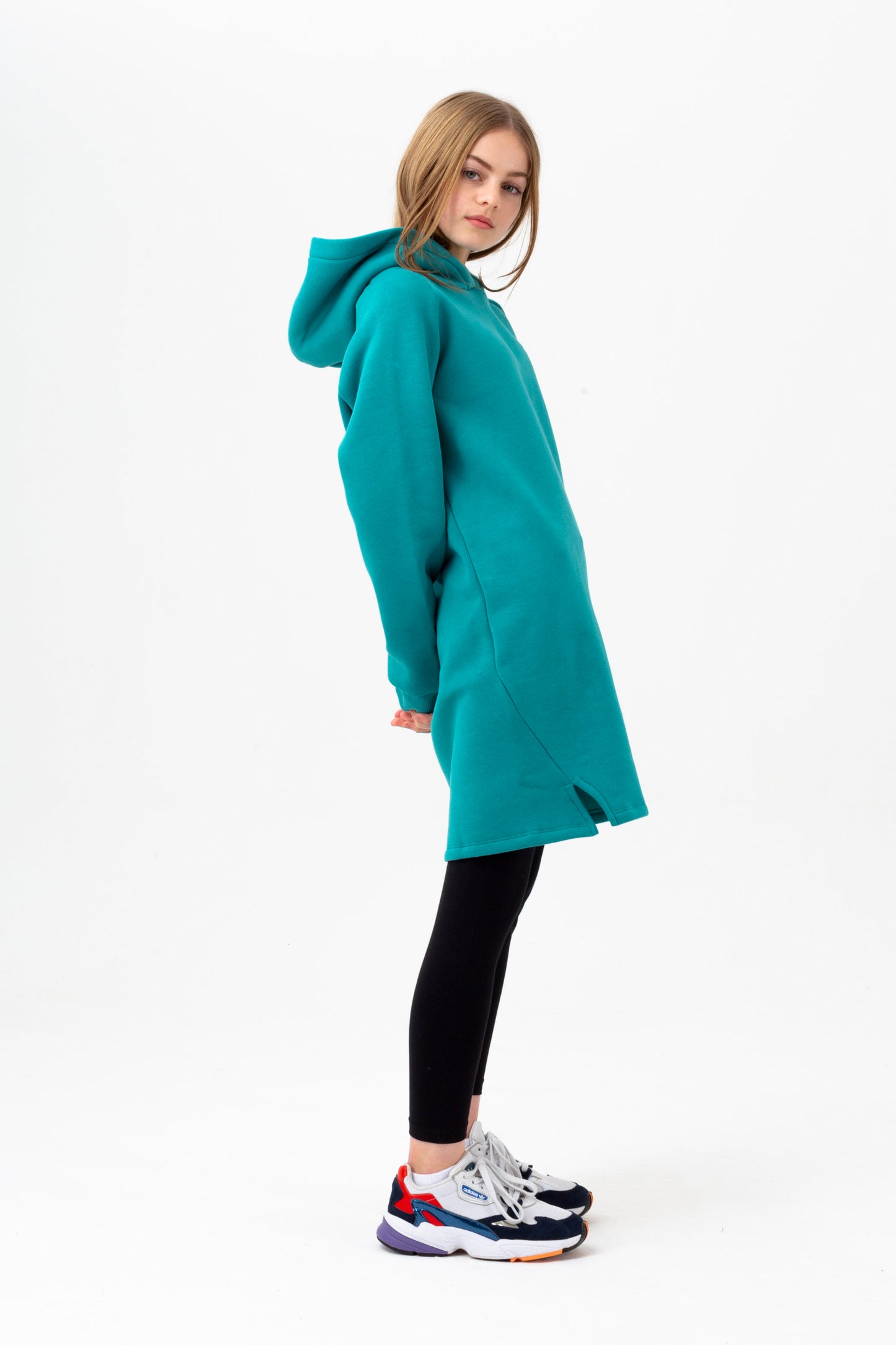 Hype Girls Teal Longline Script Side Slit Hoodie