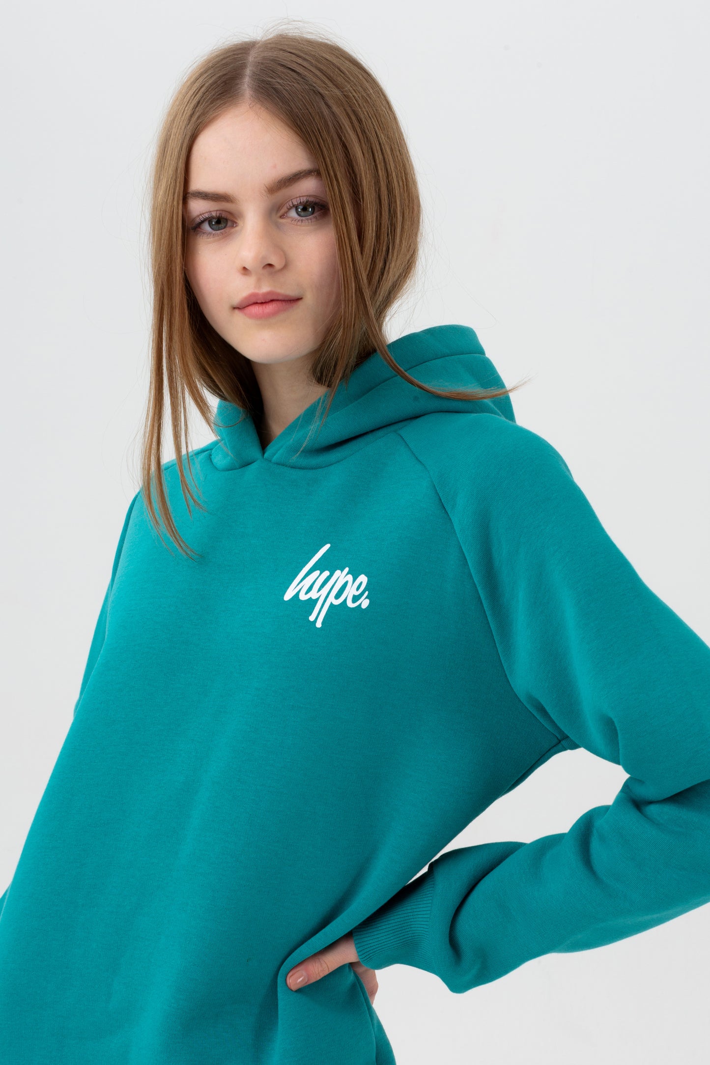 Hype Girls Teal Longline Script Side Slit Hoodie