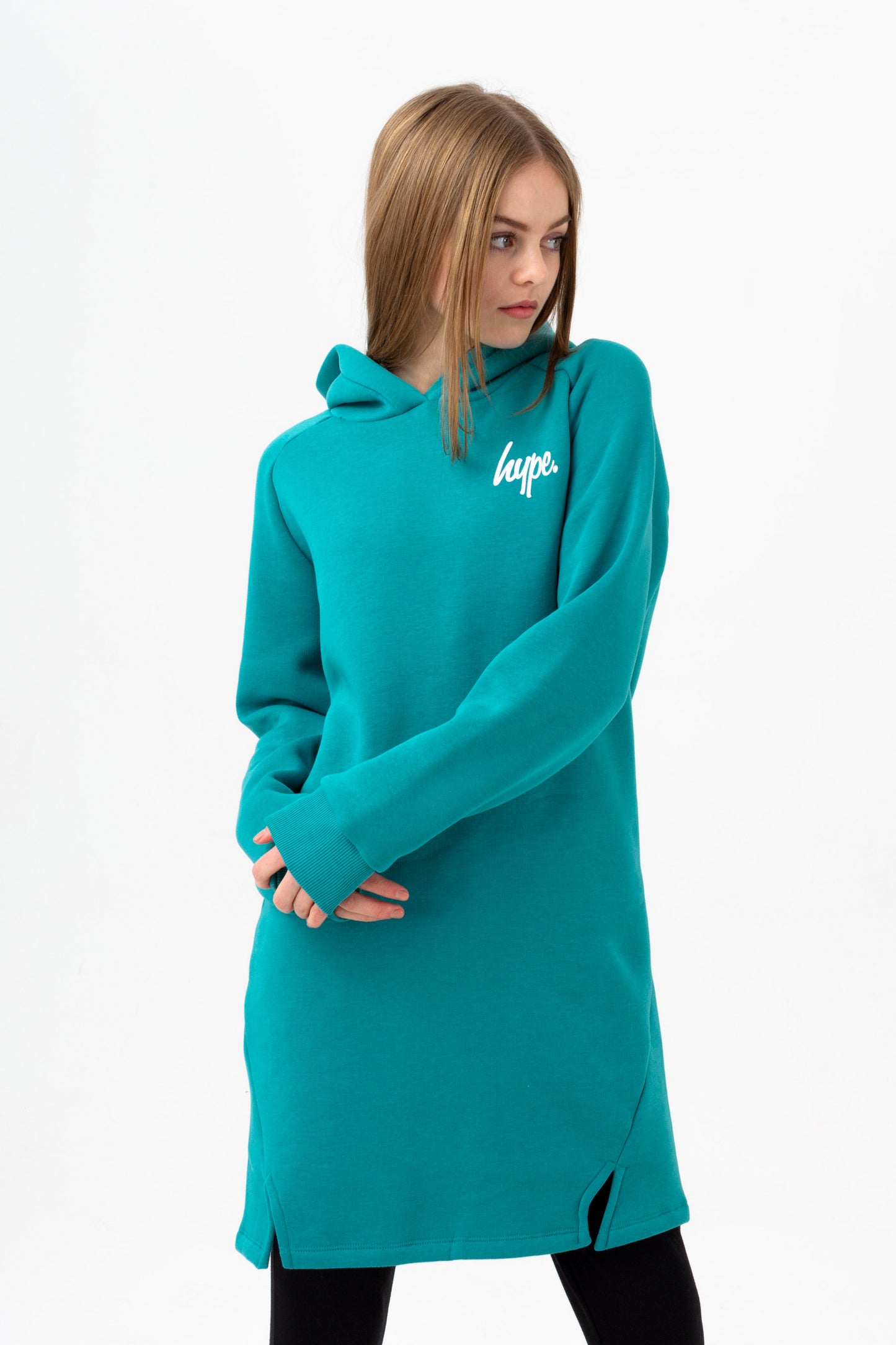 Hype Girls Teal Longline Script Side Slit Hoodie