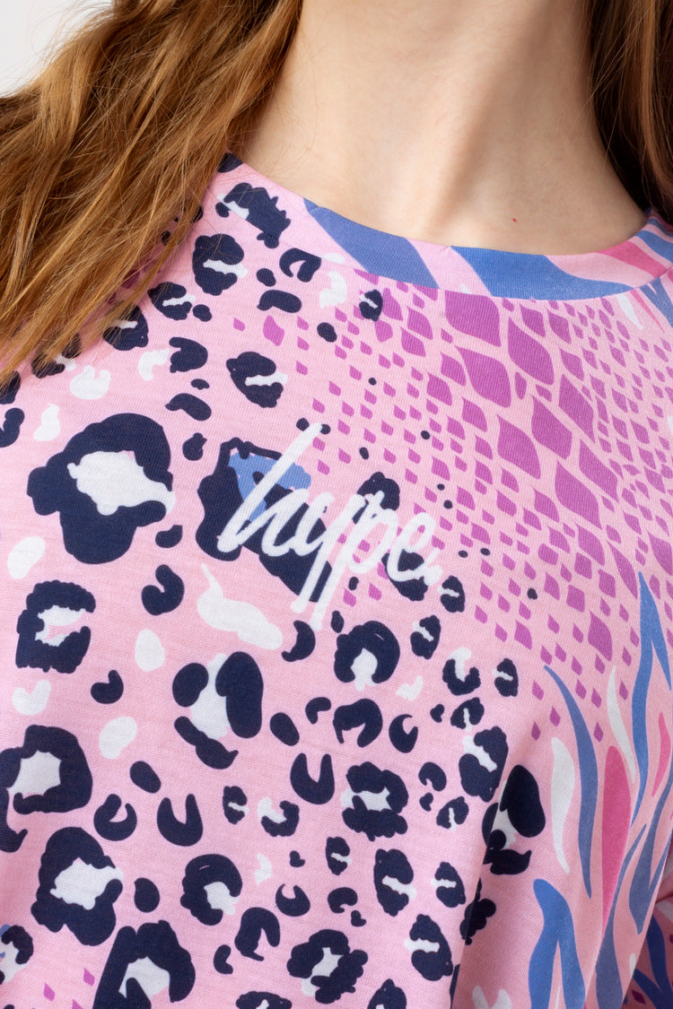 HYPE GIRLS PINK ABSTRACT LEOPARD DROP SHOULDER BOXY T-SHIRT