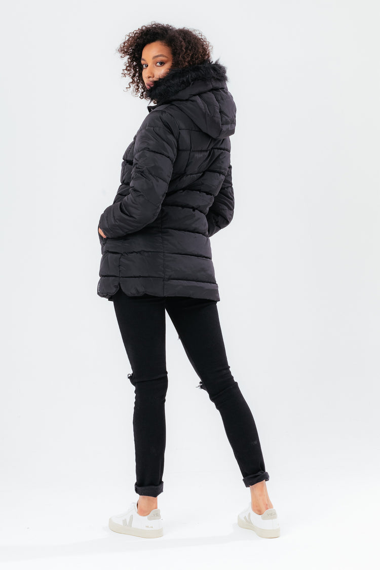 HYPE BLACK MID LENGTH WOMEN'S PADDED COAT WITH FUR