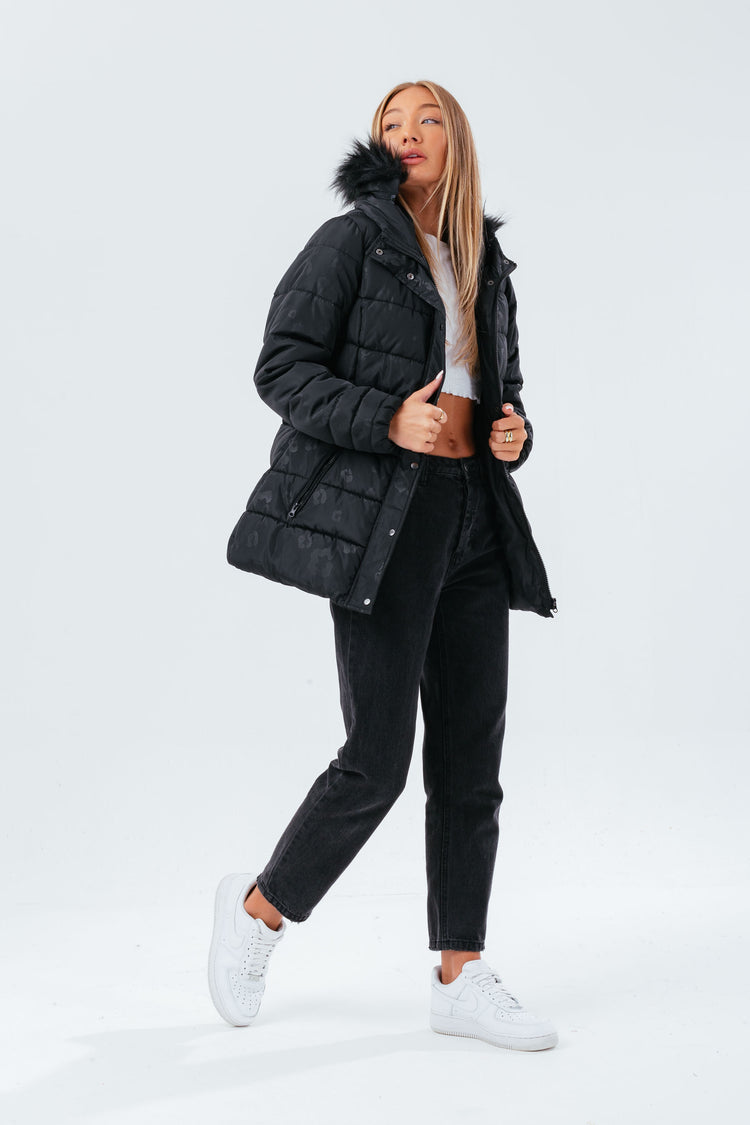 HYPE BLACK LEOPARD MID LENGTH WOMEN'S PADDED COAT WITH FUR