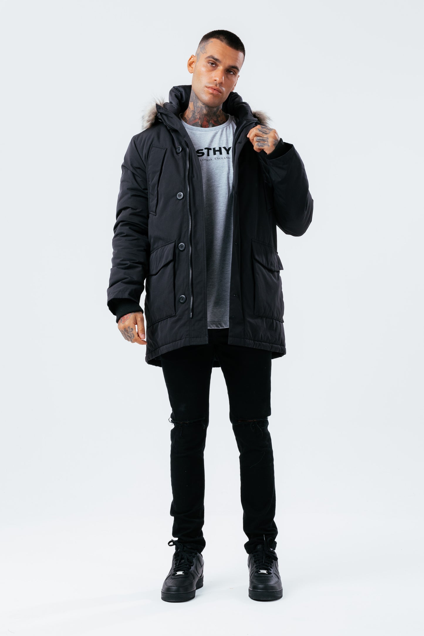 Hype Black Luxe Longline Men'S Parka Jacket