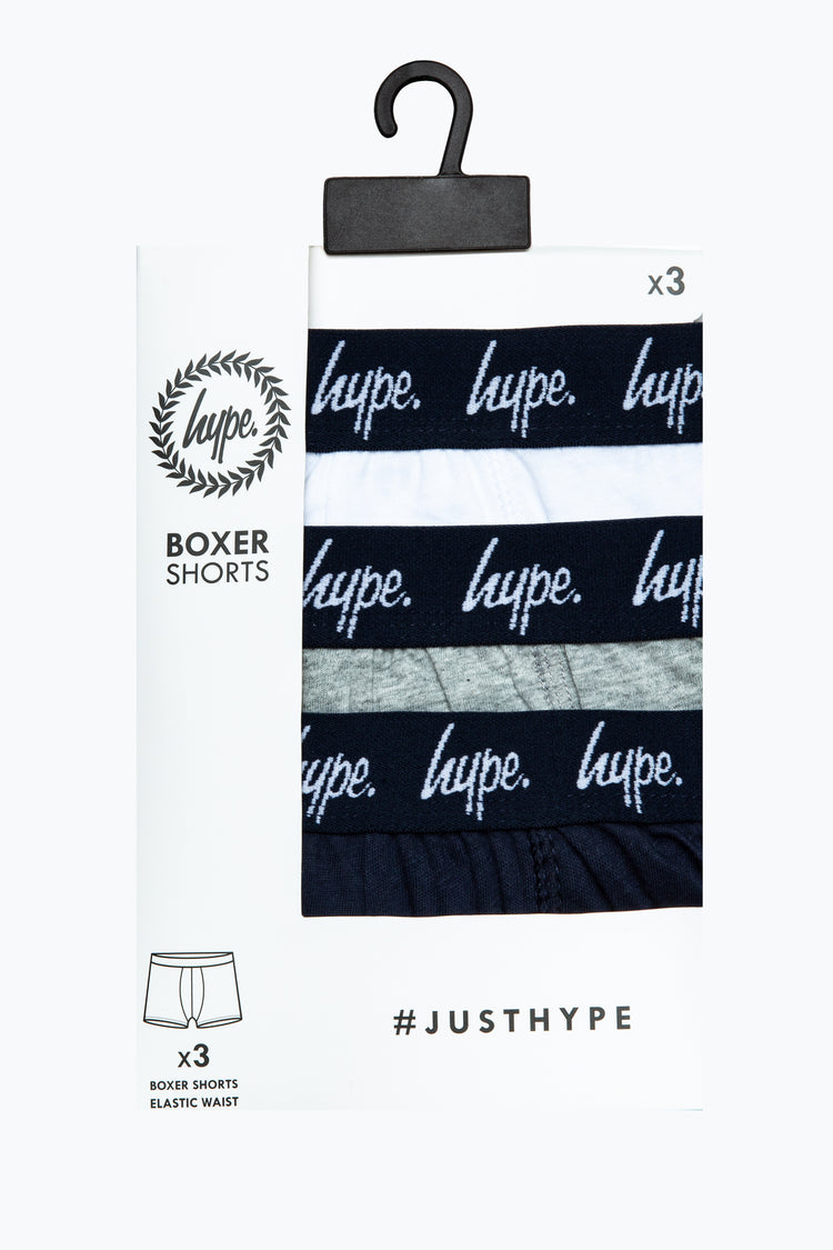 HYPE BOYS WHITE GREY NAVY 3 PACK BOXERS