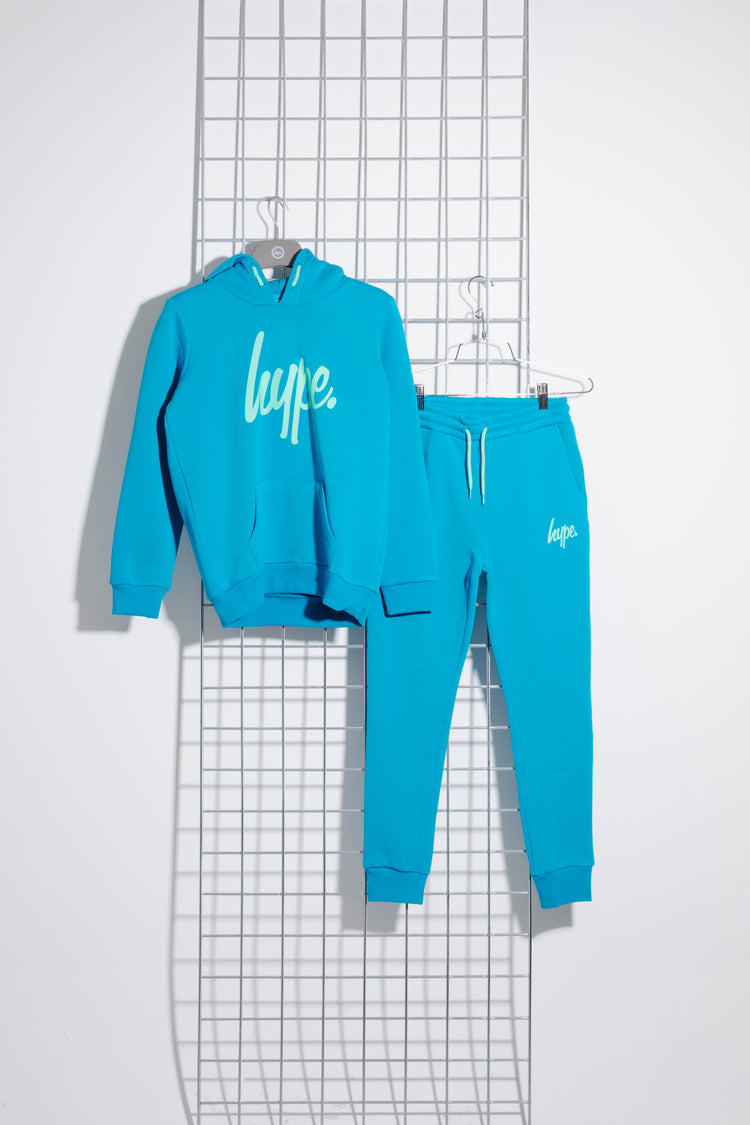 Hype Blue With Green Script Kids Hoodie & Jogger Set