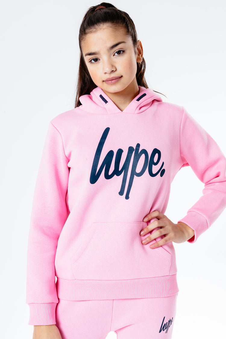 Hype Pink With Navy Script Kids Hoodie & Jogger Set