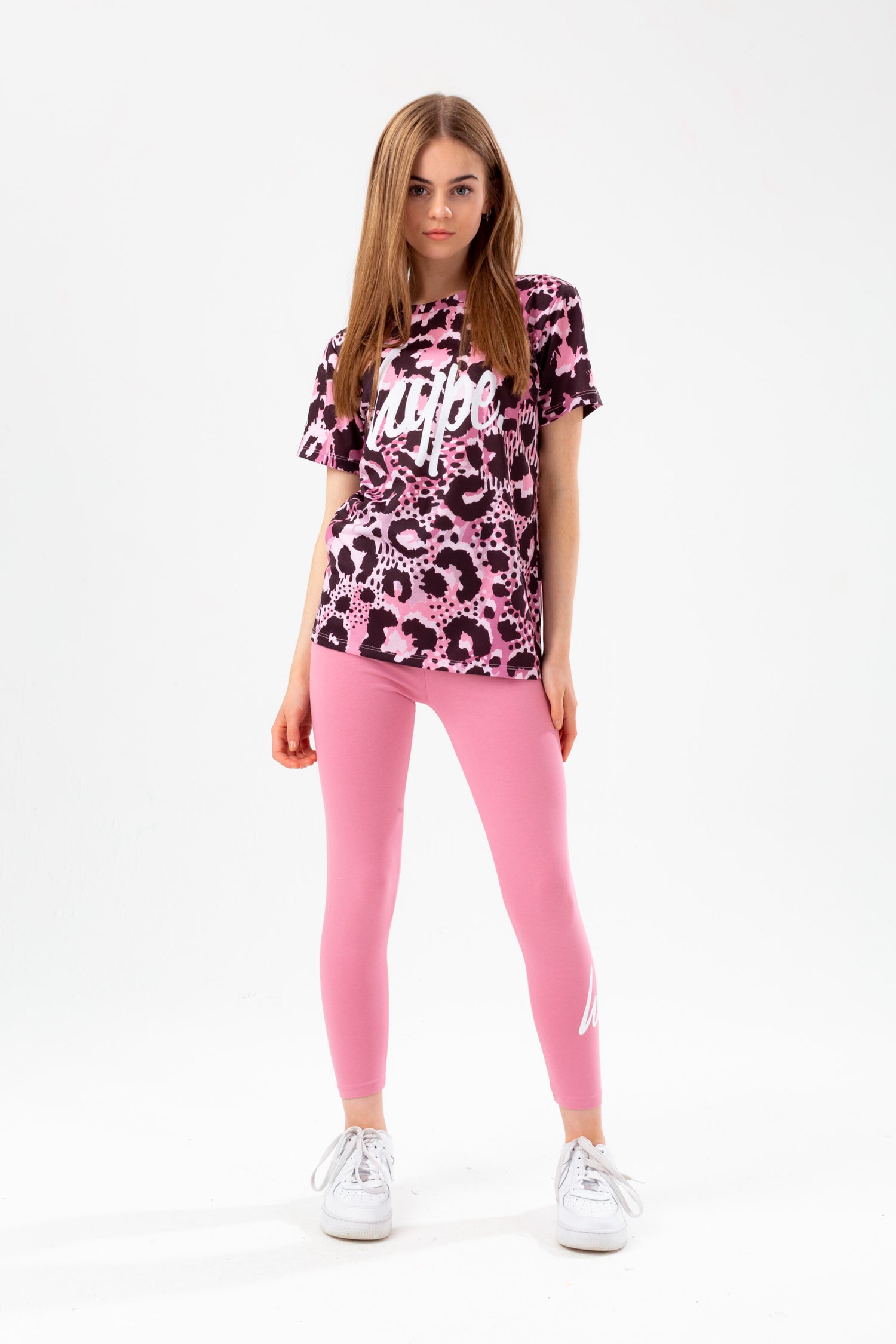 HYPE GIRLS PINK LEOPARD T-SHIRT AND LEGGINGS SET