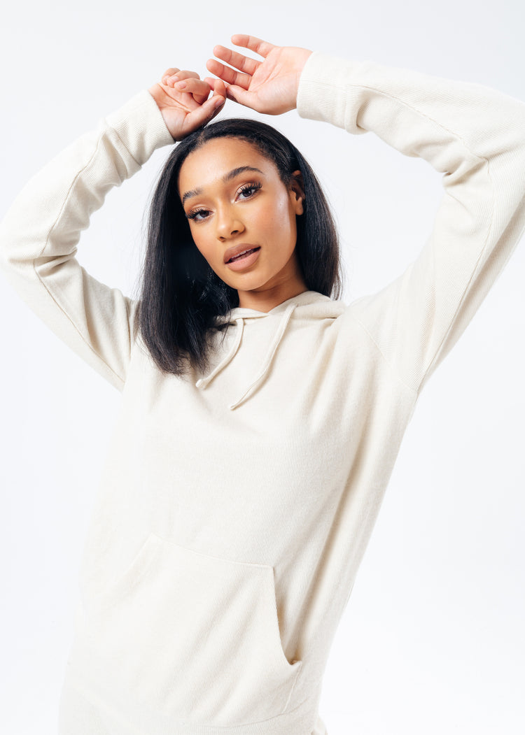 HYPE BEIGE KNITTED WOMEN'S PULLOVER HOODIE