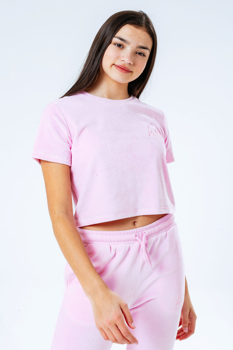 Hype Pink Velour Kids Crop T-Shirt