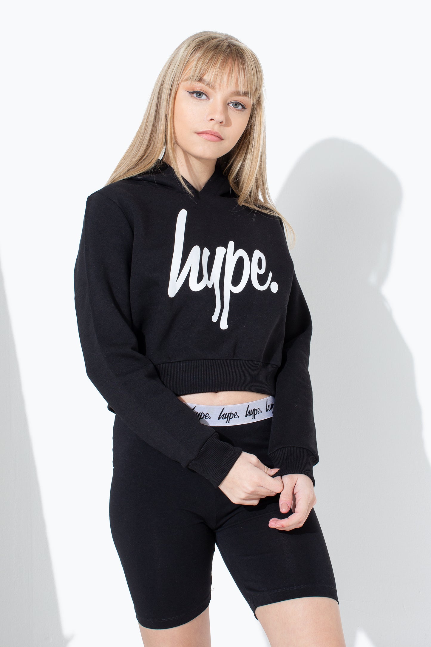 Hype Black White Script Kids Crop Hoodie