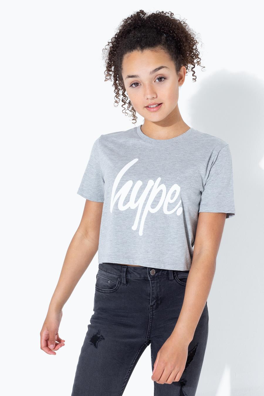 HYPE GREY WHITE SCRIPT KIDS CROP T-SHIRT