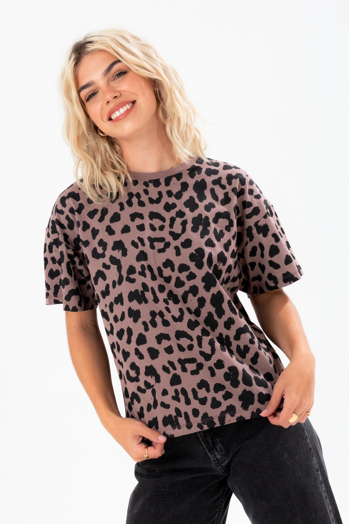 Hype Womens Brown Leopard Woven Tab Scribble Boxy T-Shirt