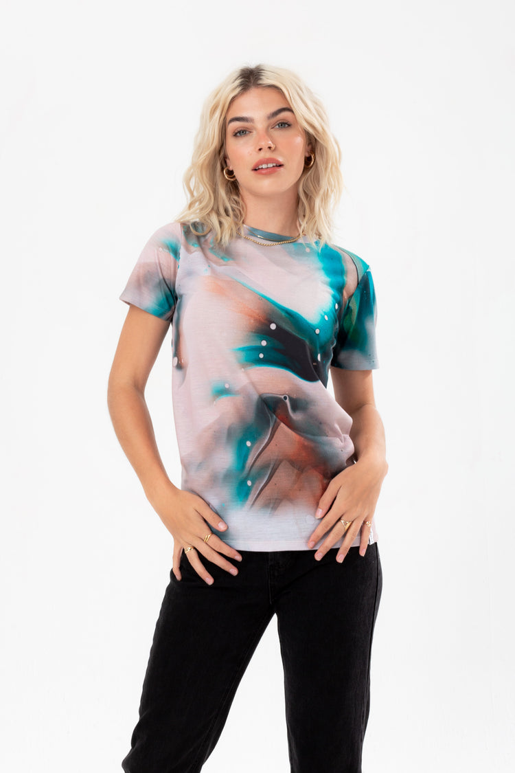 HYPE WOMENS MILK MARBLE JUSTHYPE WOVEN TAB T-SHIRT