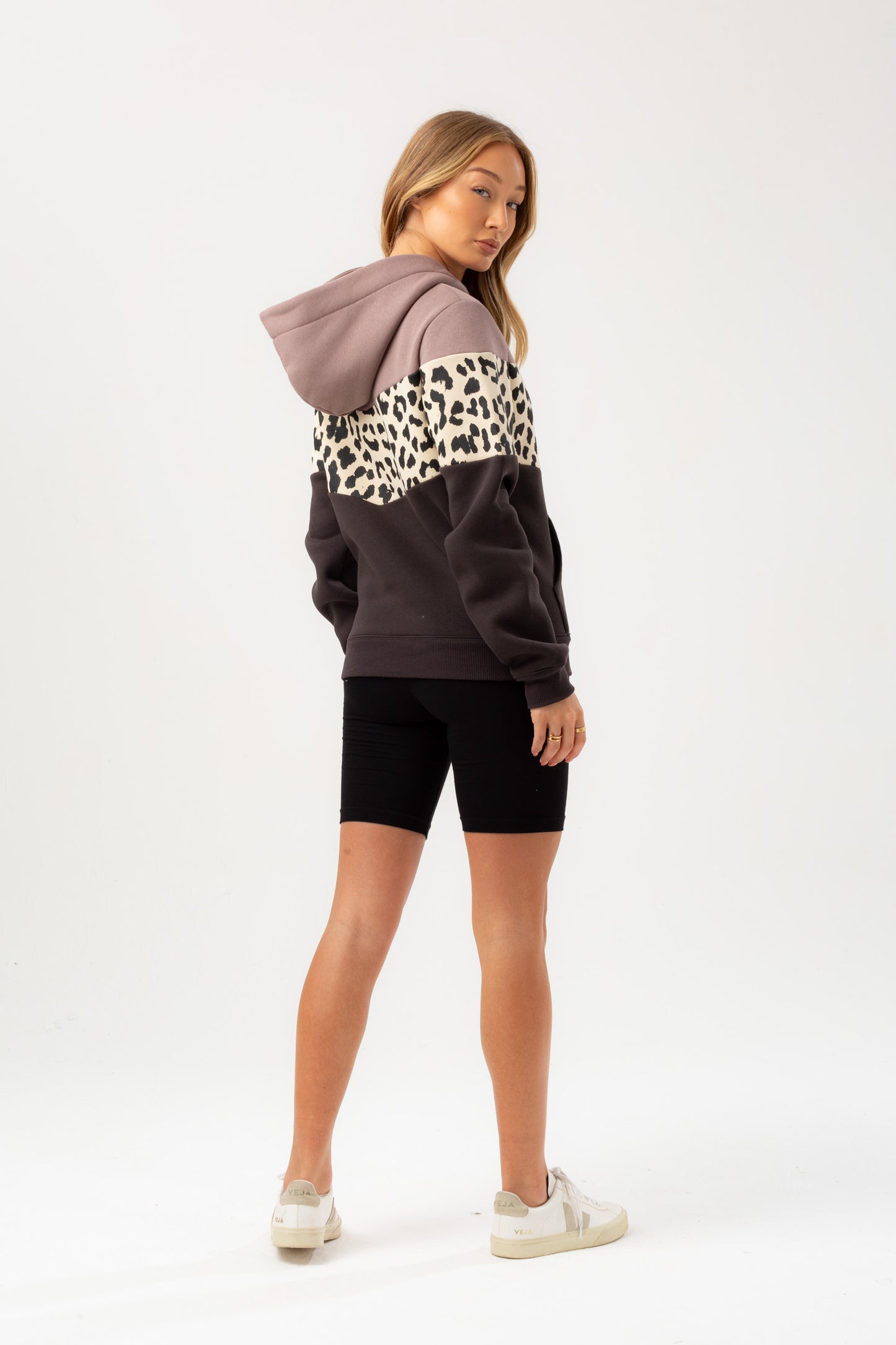 Hype Womens Ganache Cheetah Chevron Panel Justhype Drawcord Hoodie