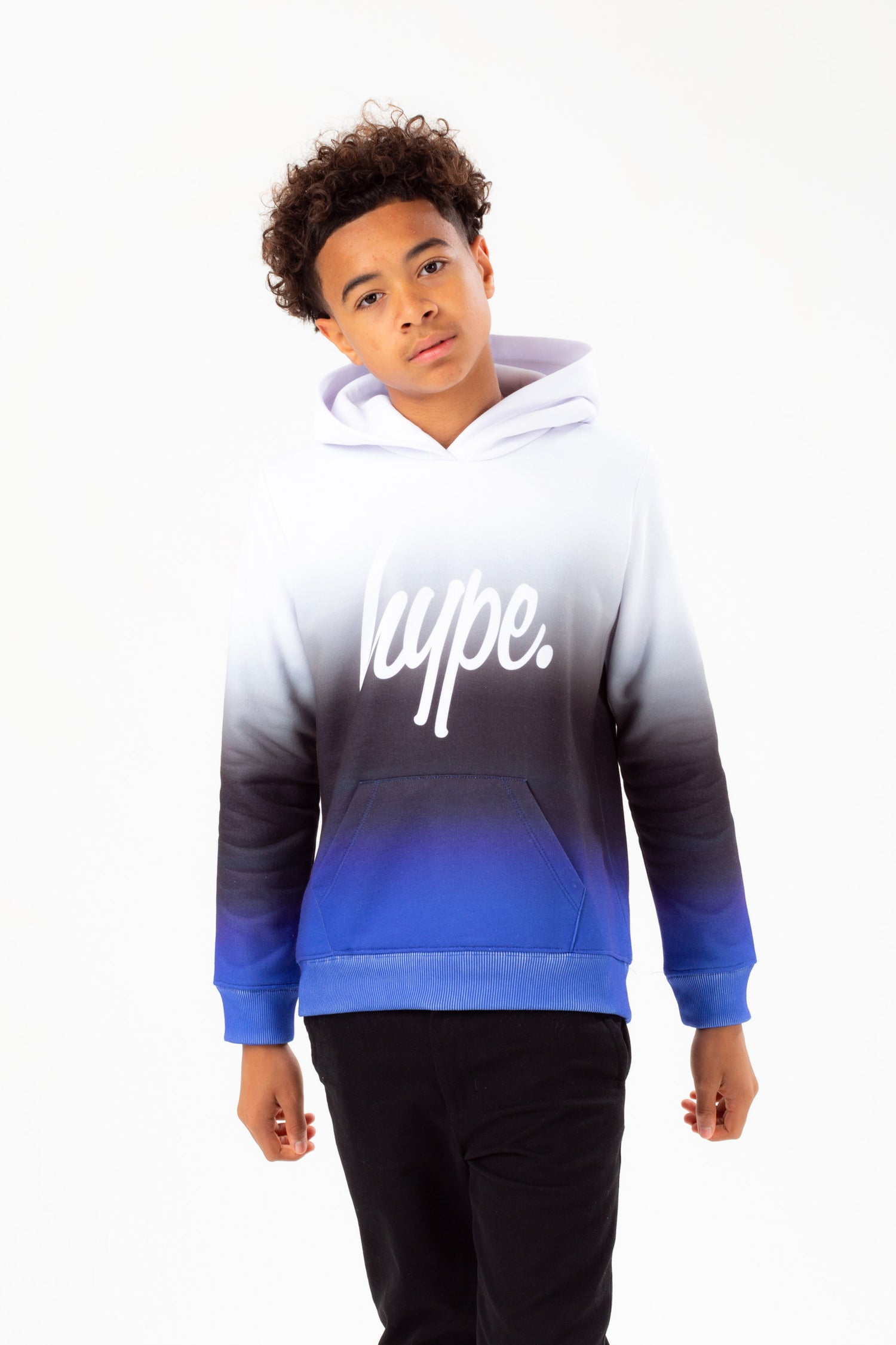 HYPE BOYS WHITE BLACK BLUE FADE SCRIPT HOODIE | Hype.