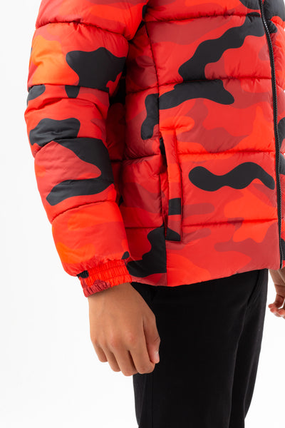 HYPE BOYS BLACK RED CAMO SHORTS PADDED PANEL EMBROIDERED CREST JACKET