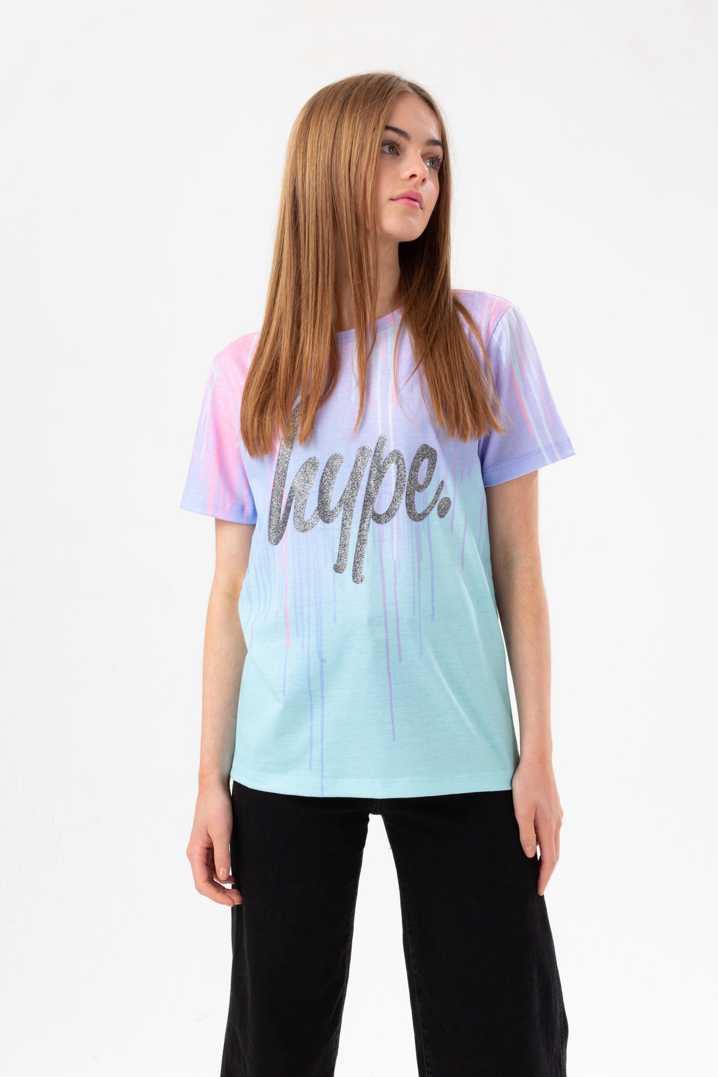 Hype Girls Mint Love Drips Glitter Script T-Shirt