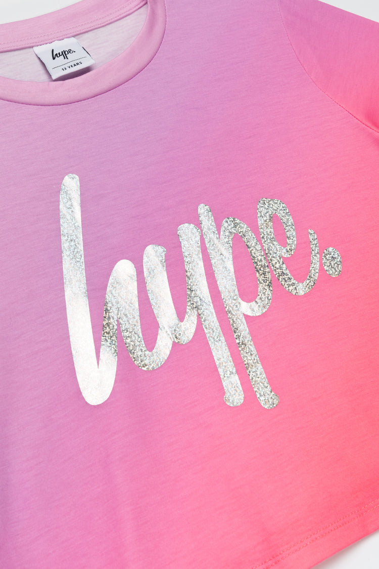HYPE GIRLS PINK FADE HOLOGRAPHIC SCRIPT CROPPED T-SHIRT
